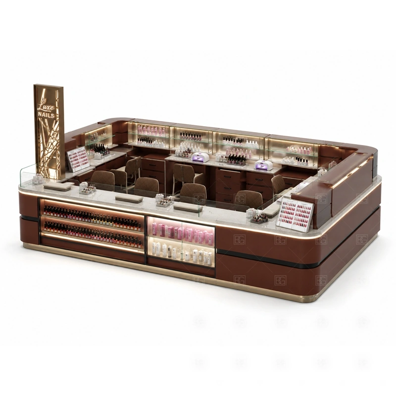 Wood Grain Nail Bar Kiosk Supplier branding detail for warm brand signage with lighted logo and decorative panels coordinated with salon color, front panels, light boxes, and mall-facing graphics