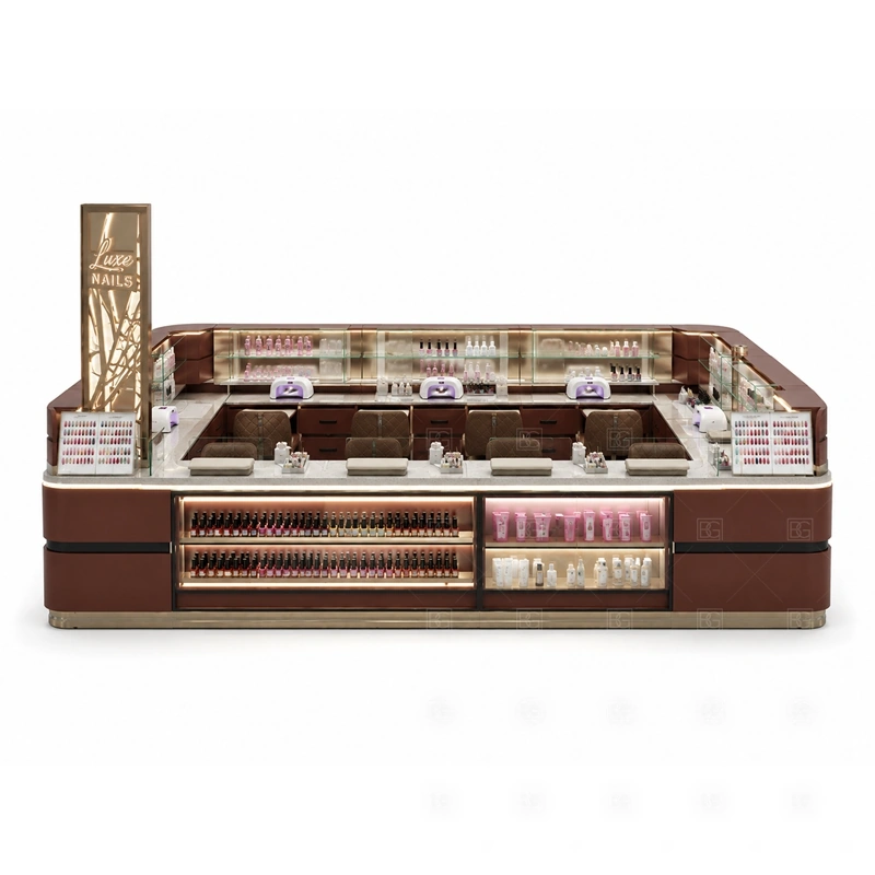 Wood Grain Nail Bar Kiosk Supplier storage detail for tool drawers, towel storage, polish stock, service supply cabinets, cable access, and cleaning space planned for wood grain nail bar kiosk supplier
