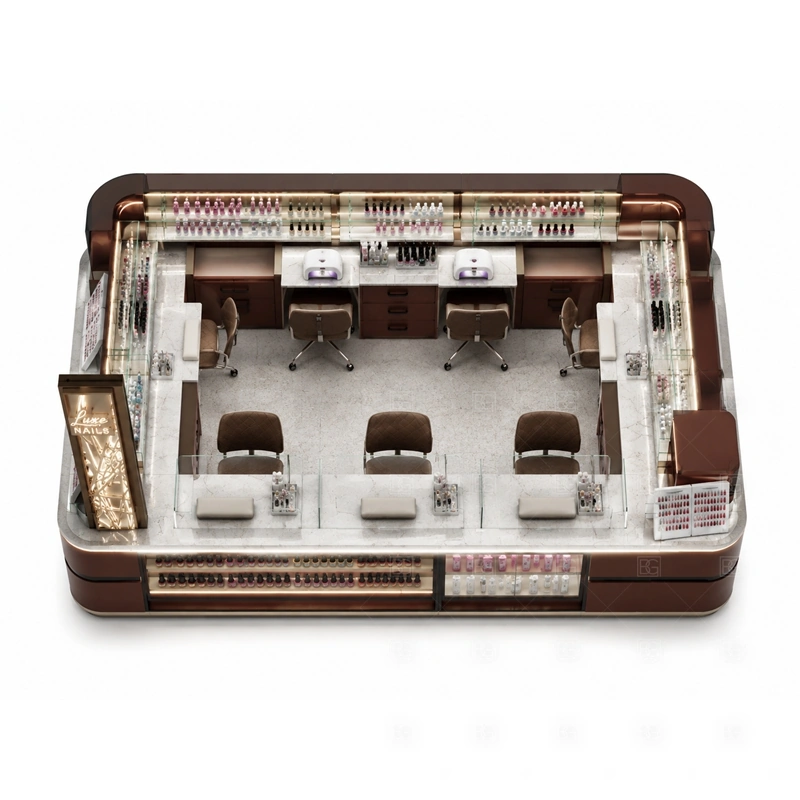 Wood Grain Nail Bar Kiosk Supplier buyer planning detail for Wood Grain Nail Bar Kiosk Supplier target size, technician seat count, manicure counter length, polish shelf quantity, logo sign size, lighting color, mall rules, destination country