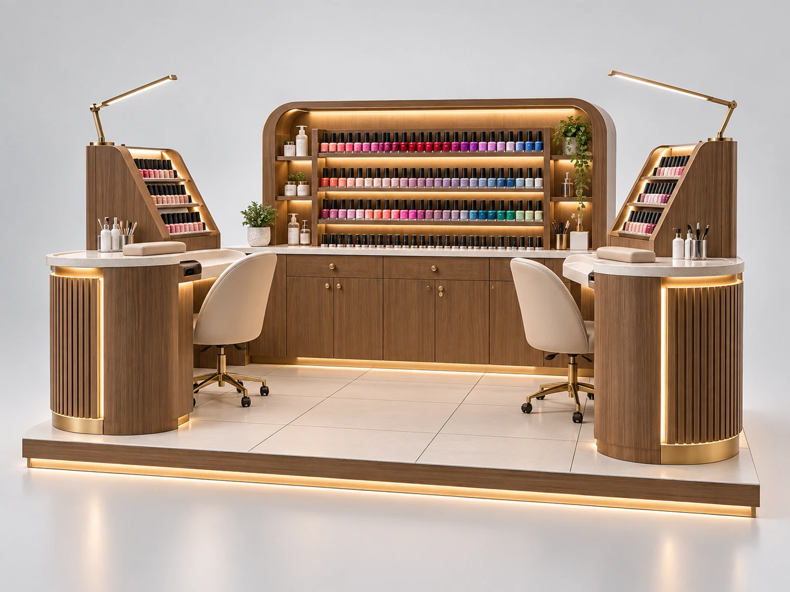 Wood Nail Bar Kiosk with Warm Retail Shelving main three-quarter product view