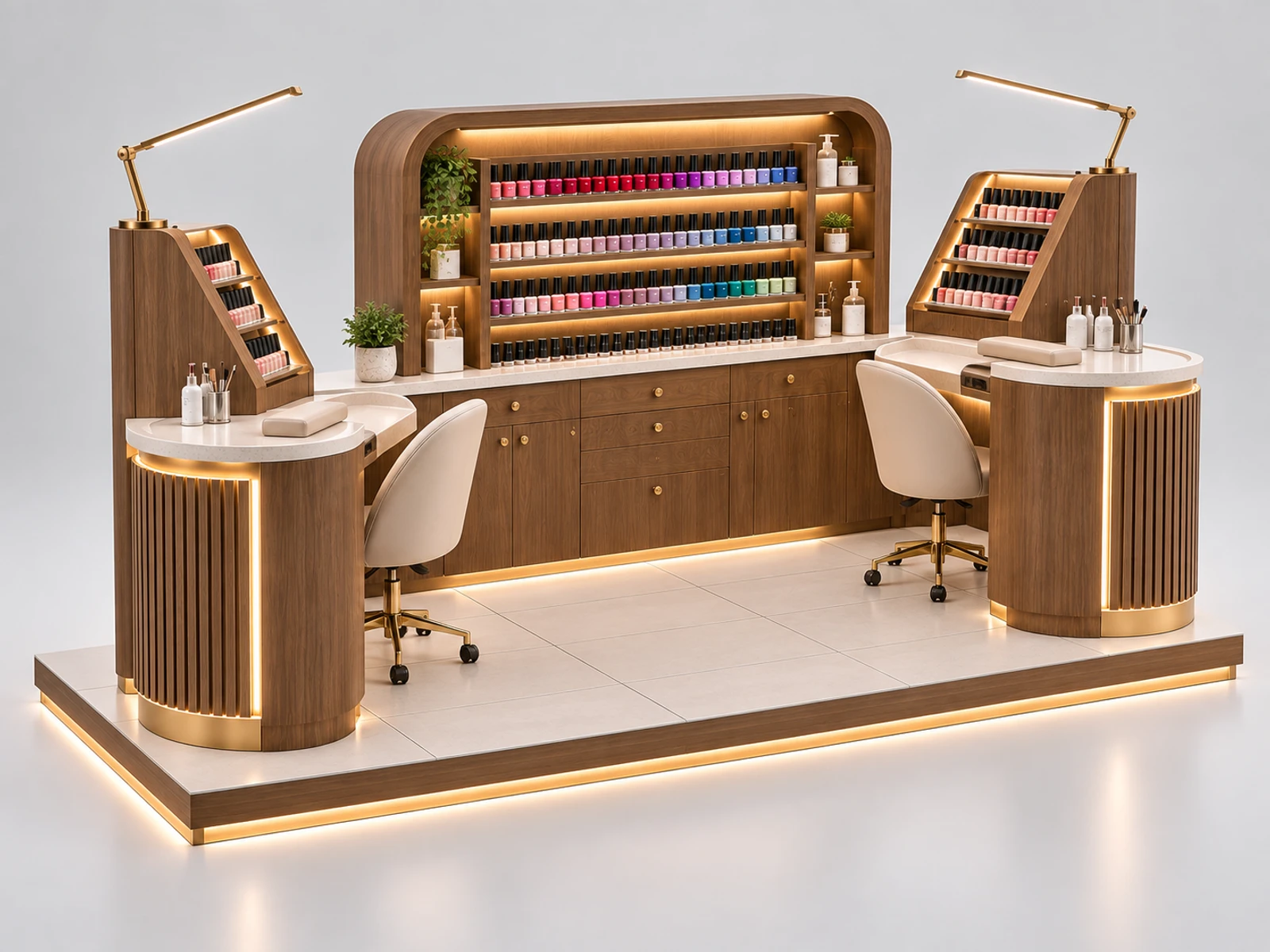 Wood Nail Bar Kiosk with Warm Retail Shelving opposite angle showing the complete layout