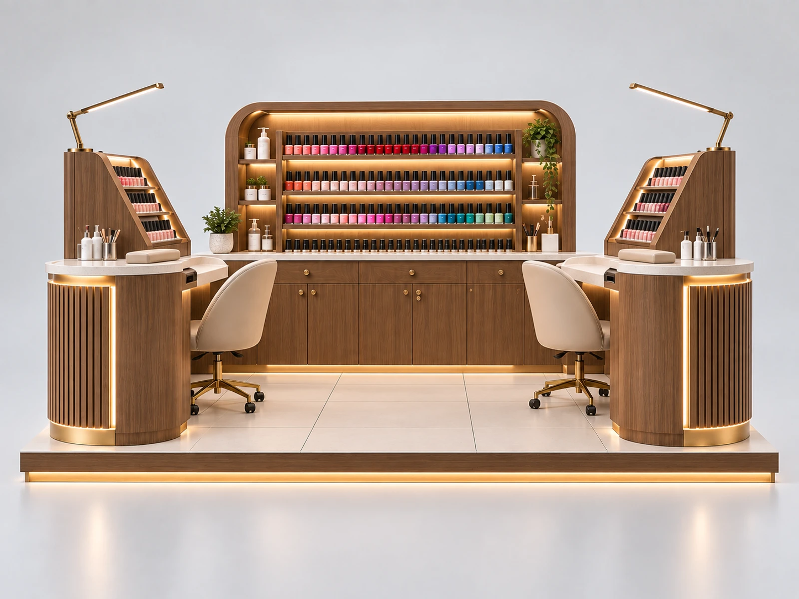 Wood Nail Bar Kiosk with Warm Retail Shelving customer-facing service and display detail