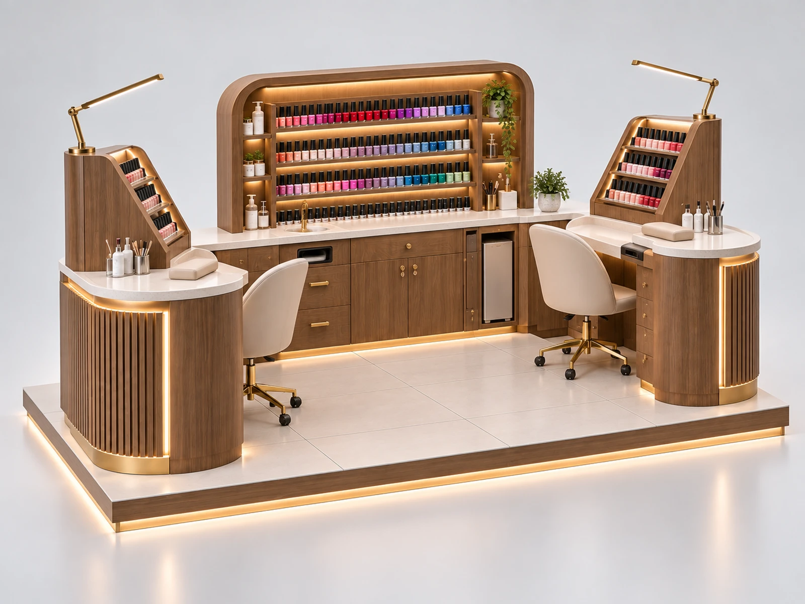 Wood Nail Bar Kiosk with Warm Retail Shelving staff-side equipment, utilities, and storage view