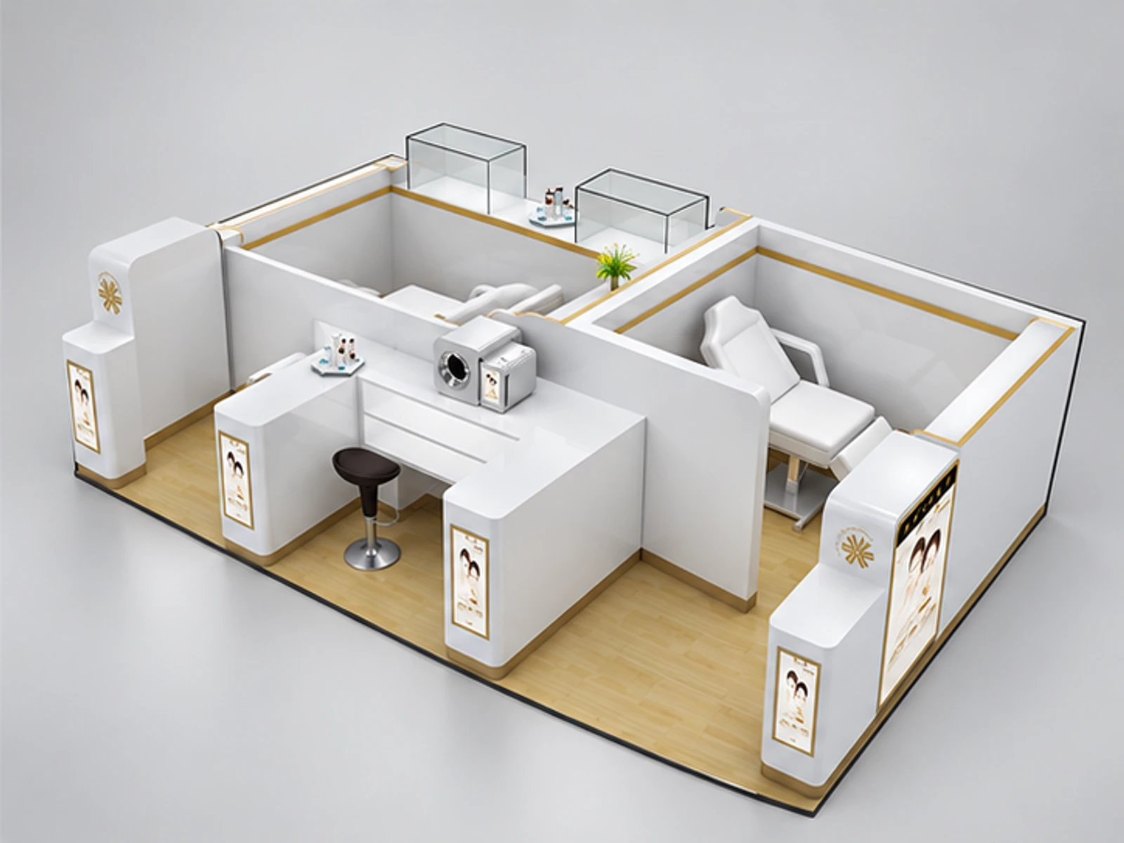 6m by 3m beauty care booth cosmetic kiosk with teeth whitening room for sale opposite angle and overall footprint