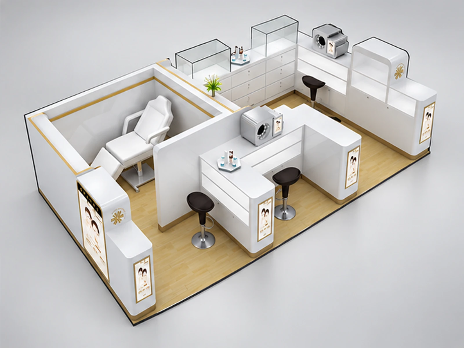 6m by 3m beauty care booth cosmetic kiosk with teeth whitening room for sale staff-side equipment and storage view