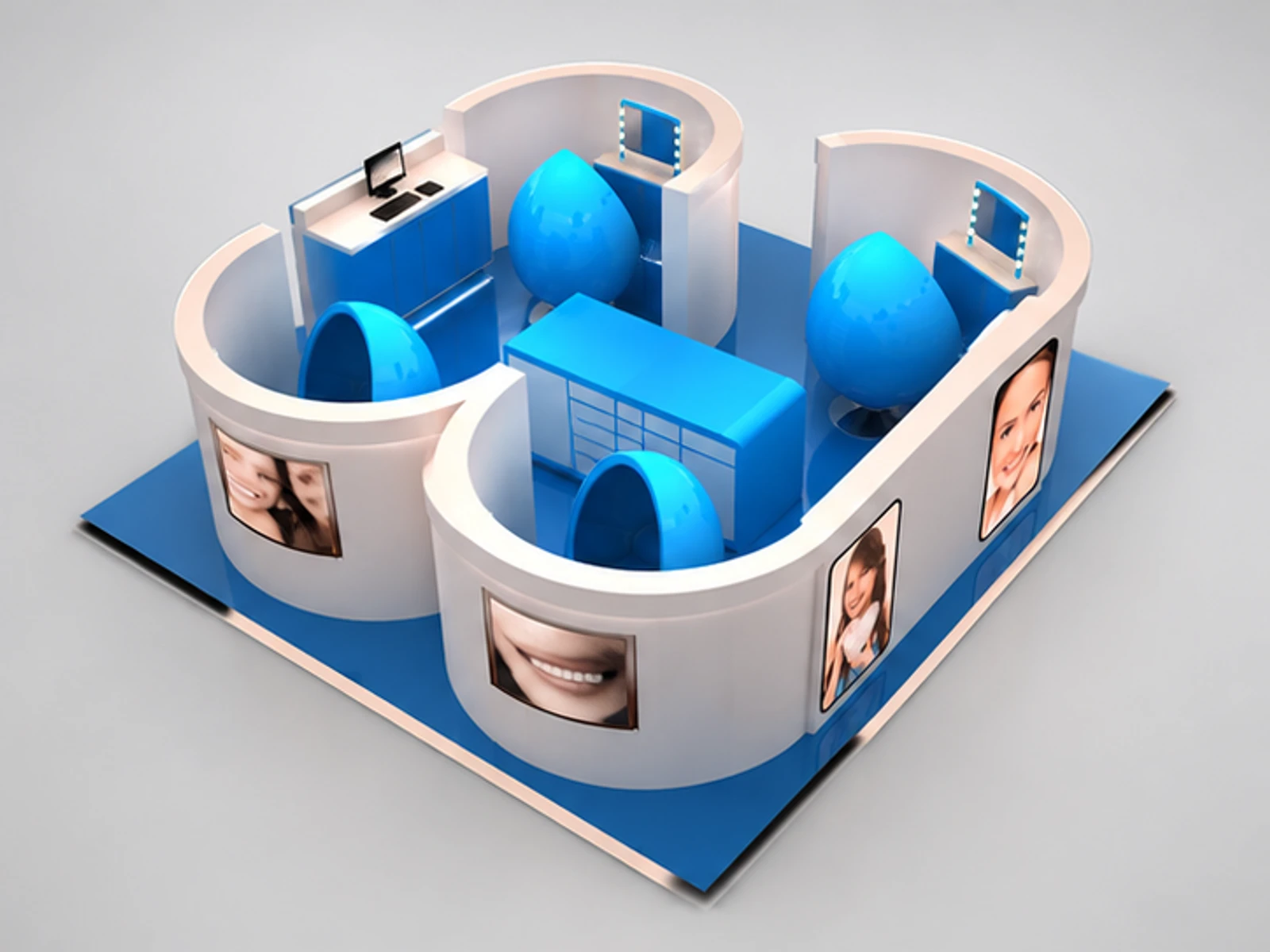 4 Seats Curved Design Round Station Teeth Whitening Kiosk In Mall For Sale opposite angle and overall footprint