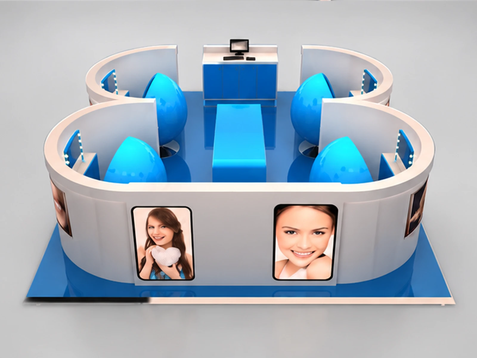 4 Seats Curved Design Round Station Teeth Whitening Kiosk In Mall For Sale customer-facing service and display view