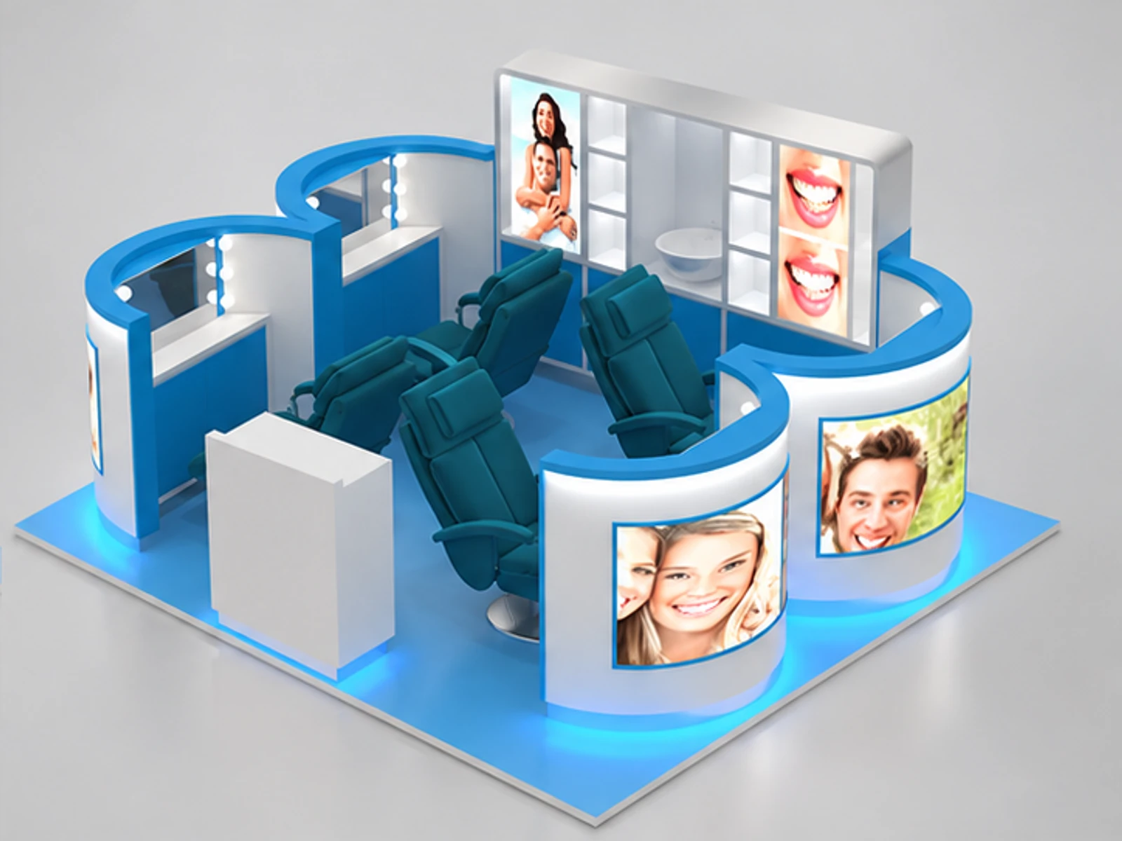 4m by 3m creative teeth whitening kiosk design Dental beauty booth with factory price opposite angle and overall footprint