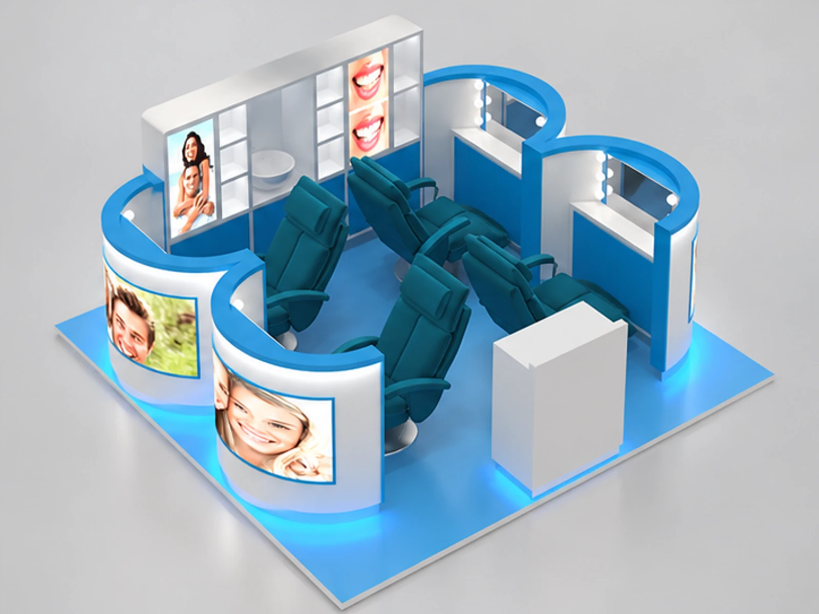 4m by 3m creative teeth whitening kiosk design Dental beauty booth with factory price staff-side equipment and storage view