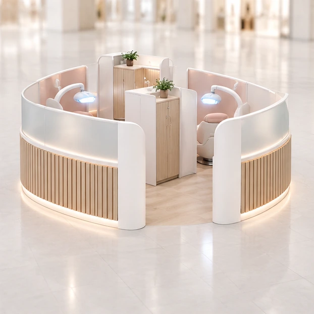 Accessible Teeth Whitening Kiosk with Wide Entry and Clear Turning Area opposite angle showing its complete footprint and display layout