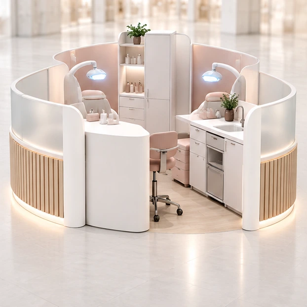 Accessible Teeth Whitening Kiosk with Wide Entry and Clear Turning Area operator-side equipment, access, and storage view