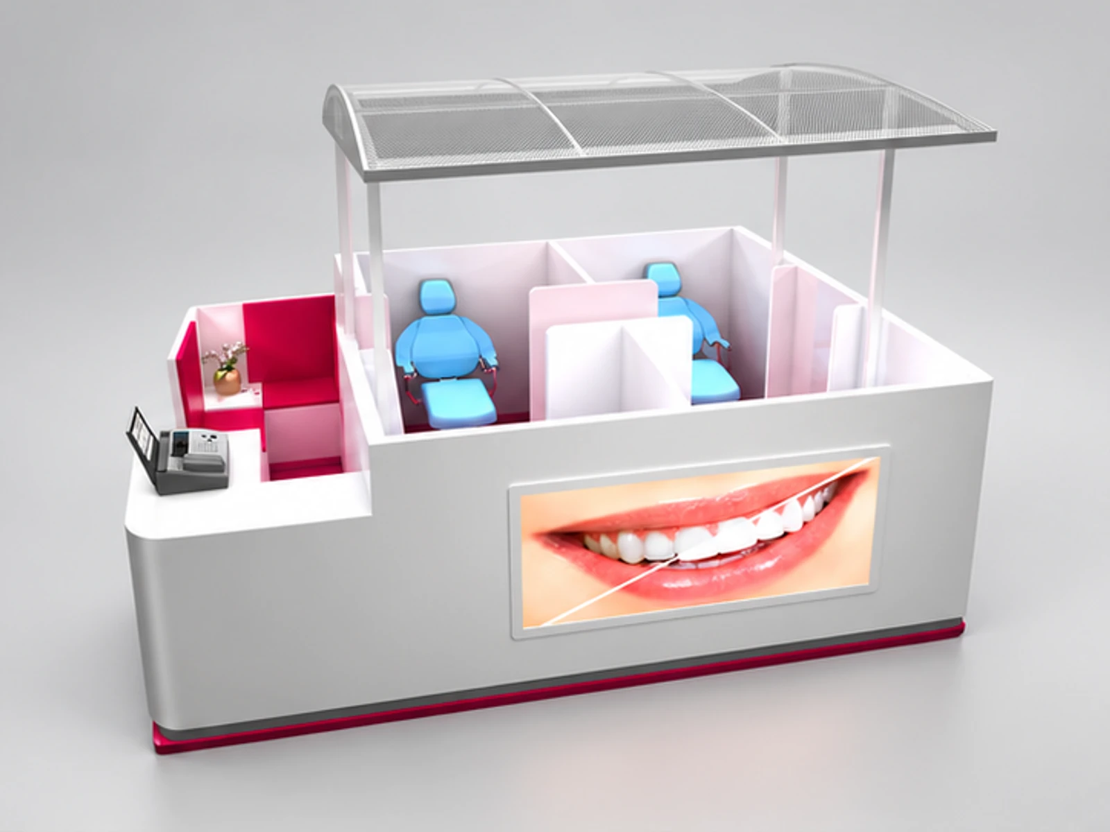 Attractive teeth whitening kiosk | mall teeth care stand main three-quarter view