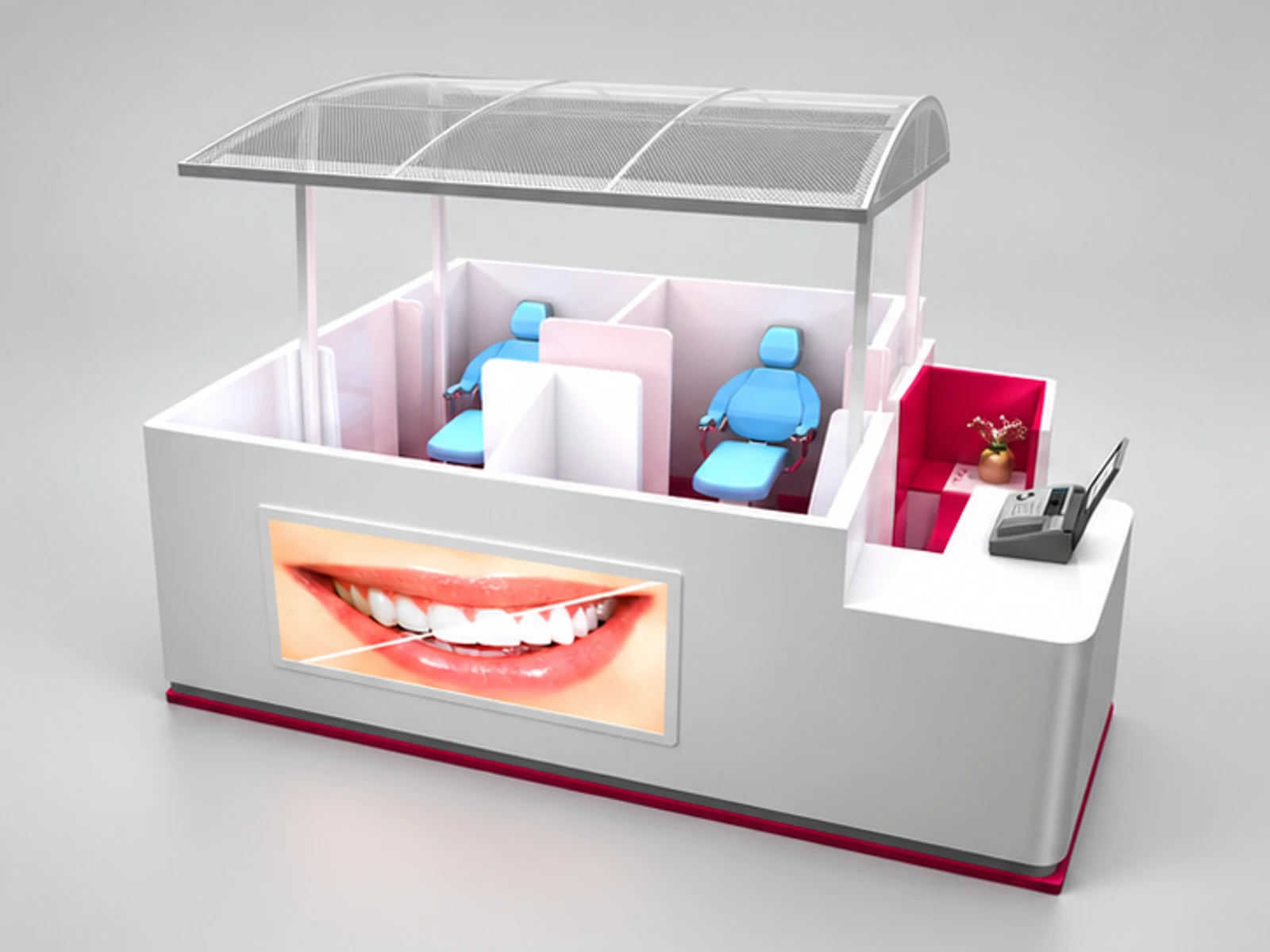 Attractive teeth whitening kiosk | mall teeth care stand opposite angle and overall footprint