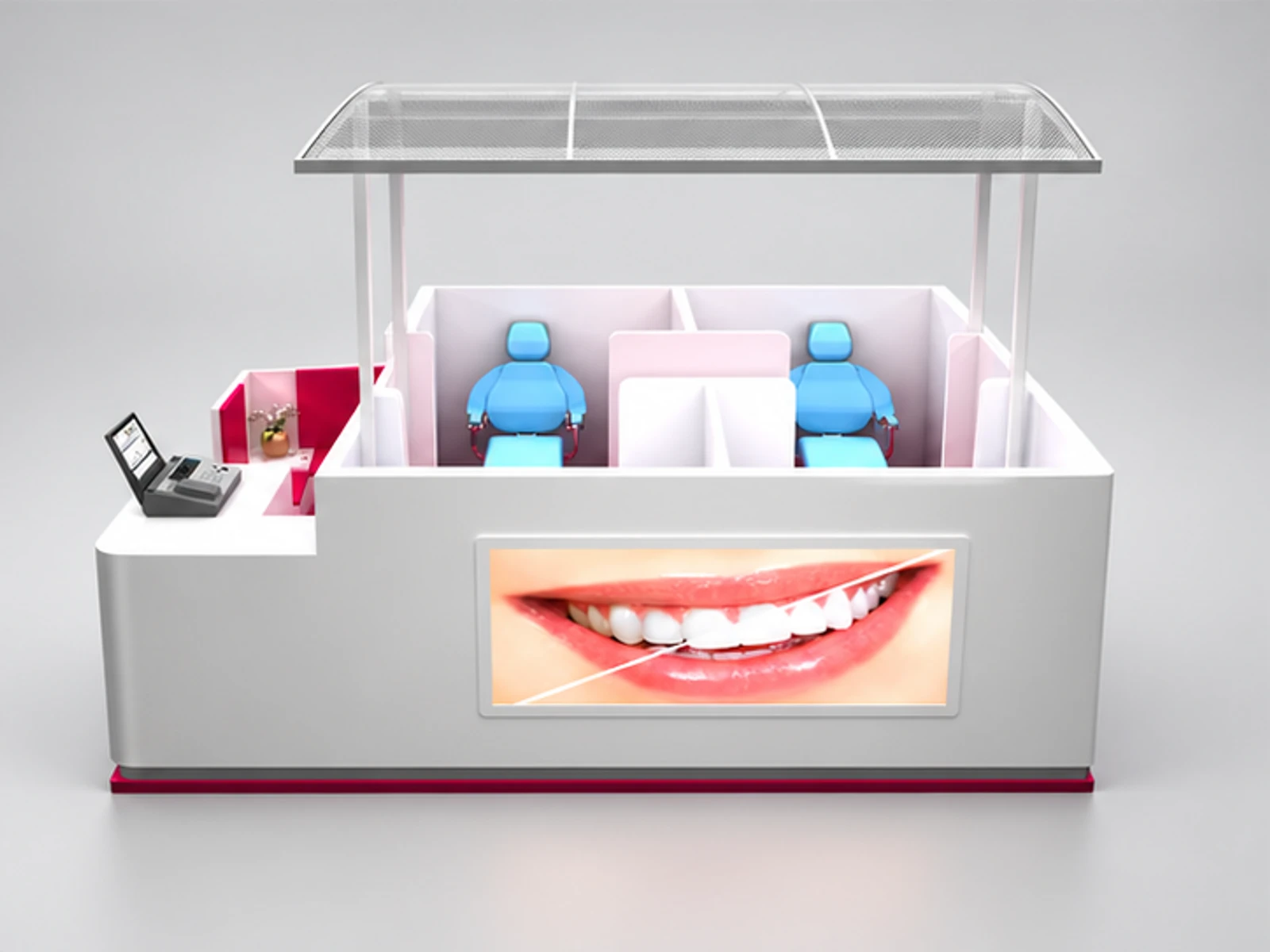 Attractive teeth whitening kiosk | mall teeth care stand customer-facing service and display view