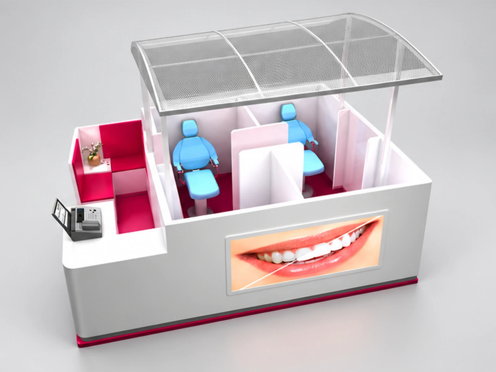 Attractive teeth whitening kiosk | mall teeth care stand staff-side equipment and storage view