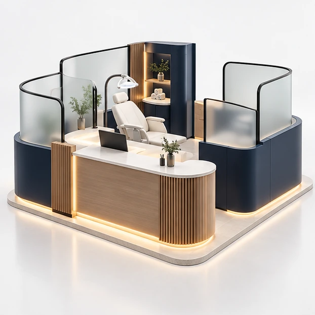 Compact Teeth Whitening Kiosk with Reception and Treatment Chair main three-quarter product rendering