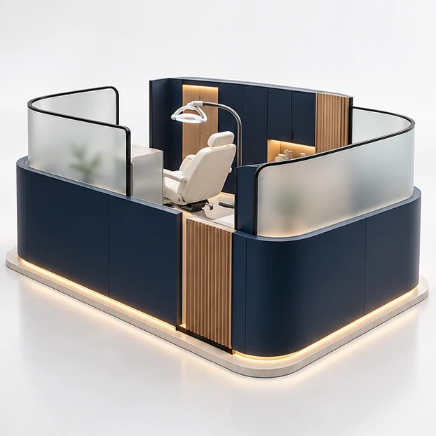 Compact Teeth Whitening Kiosk with Reception and Treatment Chair opposite angle showing its complete footprint and display layout