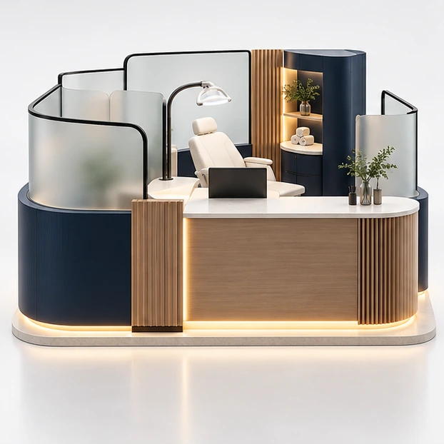 Compact Teeth Whitening Kiosk with Reception and Treatment Chair customer-facing service and display view