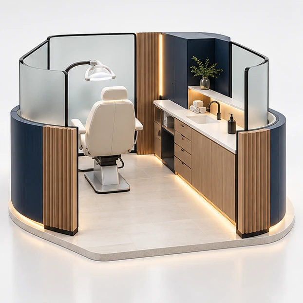 Compact Teeth Whitening Kiosk with Reception and Treatment Chair operator-side equipment, access, and storage view