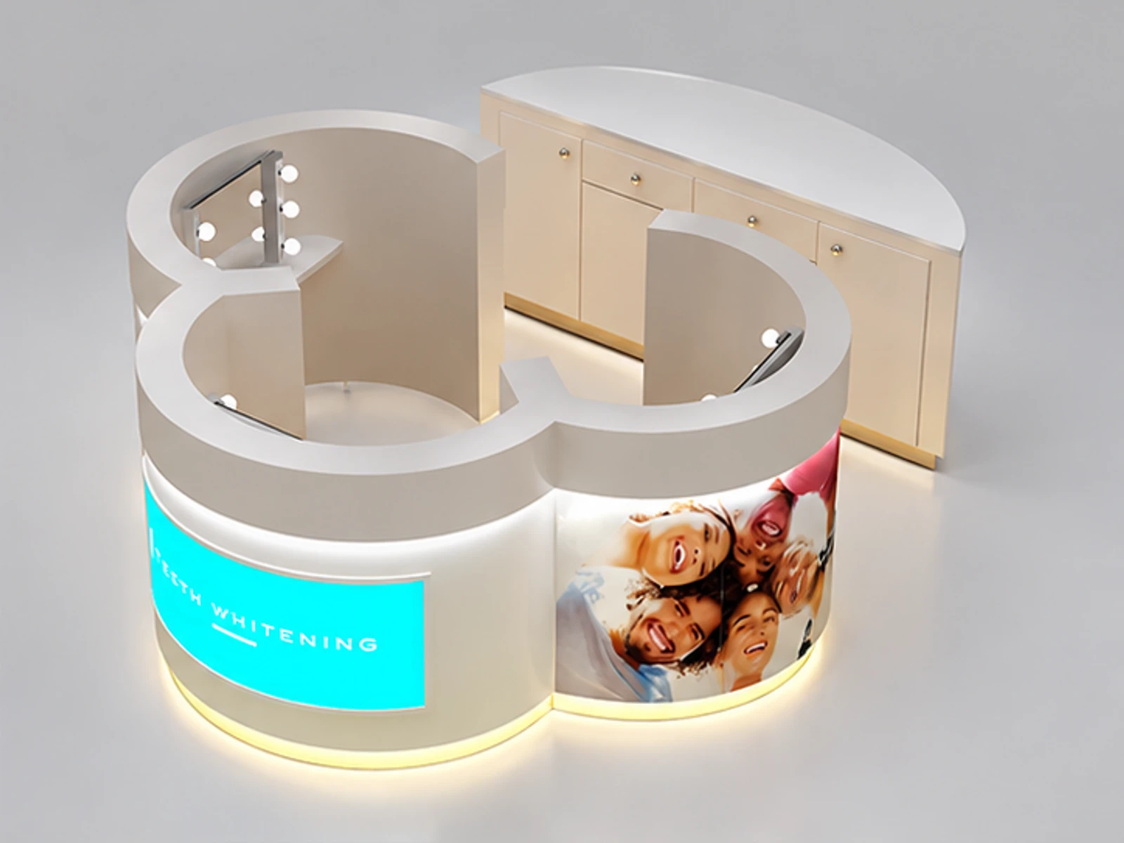 Customized Whiten Teeth Kiosk with 3 seats Curve Shape in Retail Store for Sale opposite angle and overall footprint