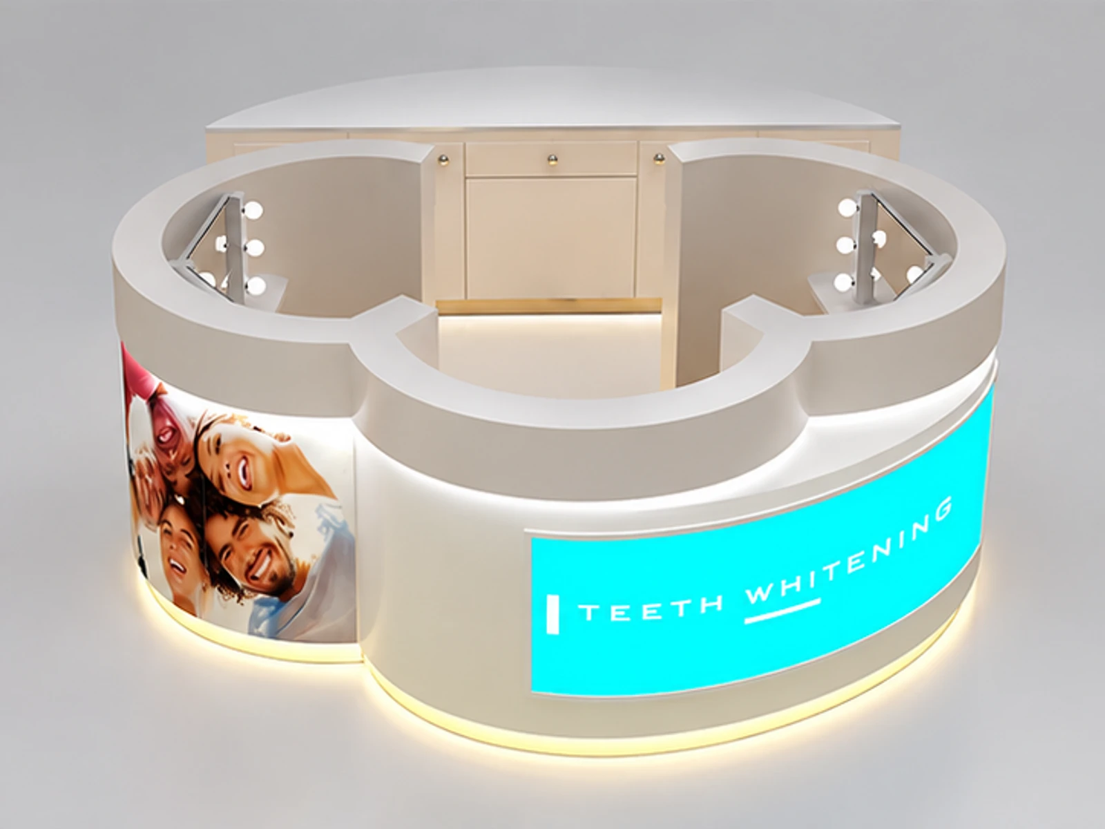 Customized Whiten Teeth Kiosk with 3 seats Curve Shape in Retail Store for Sale customer-facing service and display view