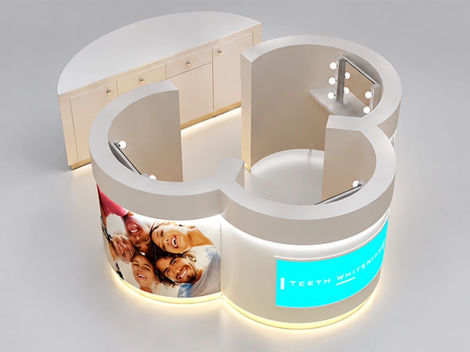 Customized Whiten Teeth Kiosk with 3 seats Curve Shape in Retail Store for Sale staff-side equipment and storage view