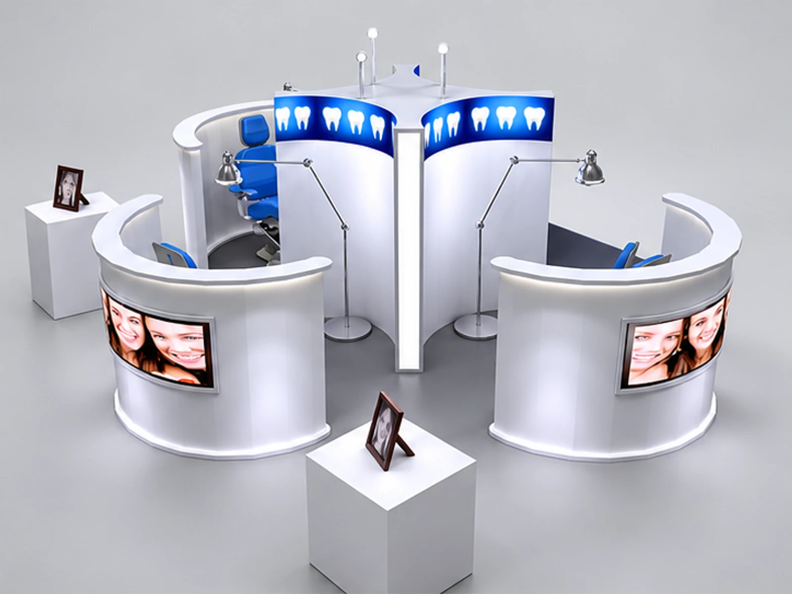 Dental care center stand | whitening teeth display kiosk opposite angle and overall footprint