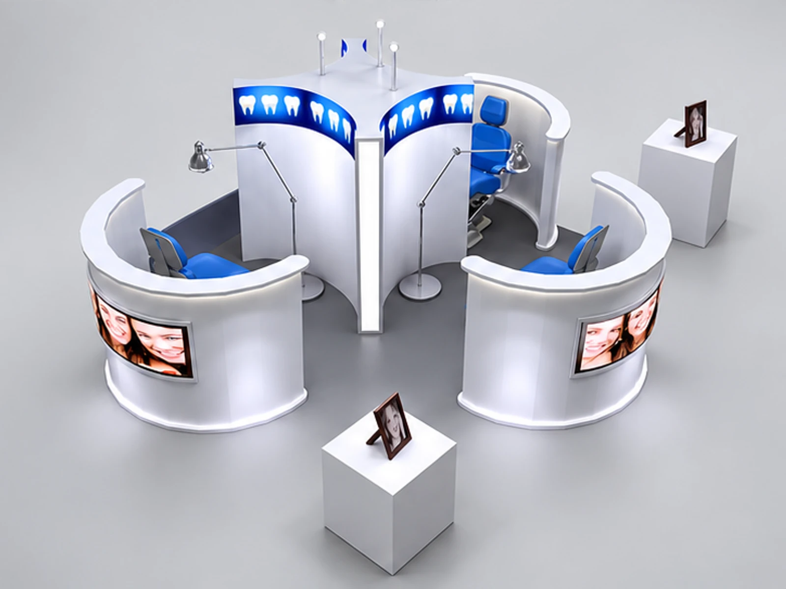 Dental care center stand | whitening teeth display kiosk staff-side equipment and storage view