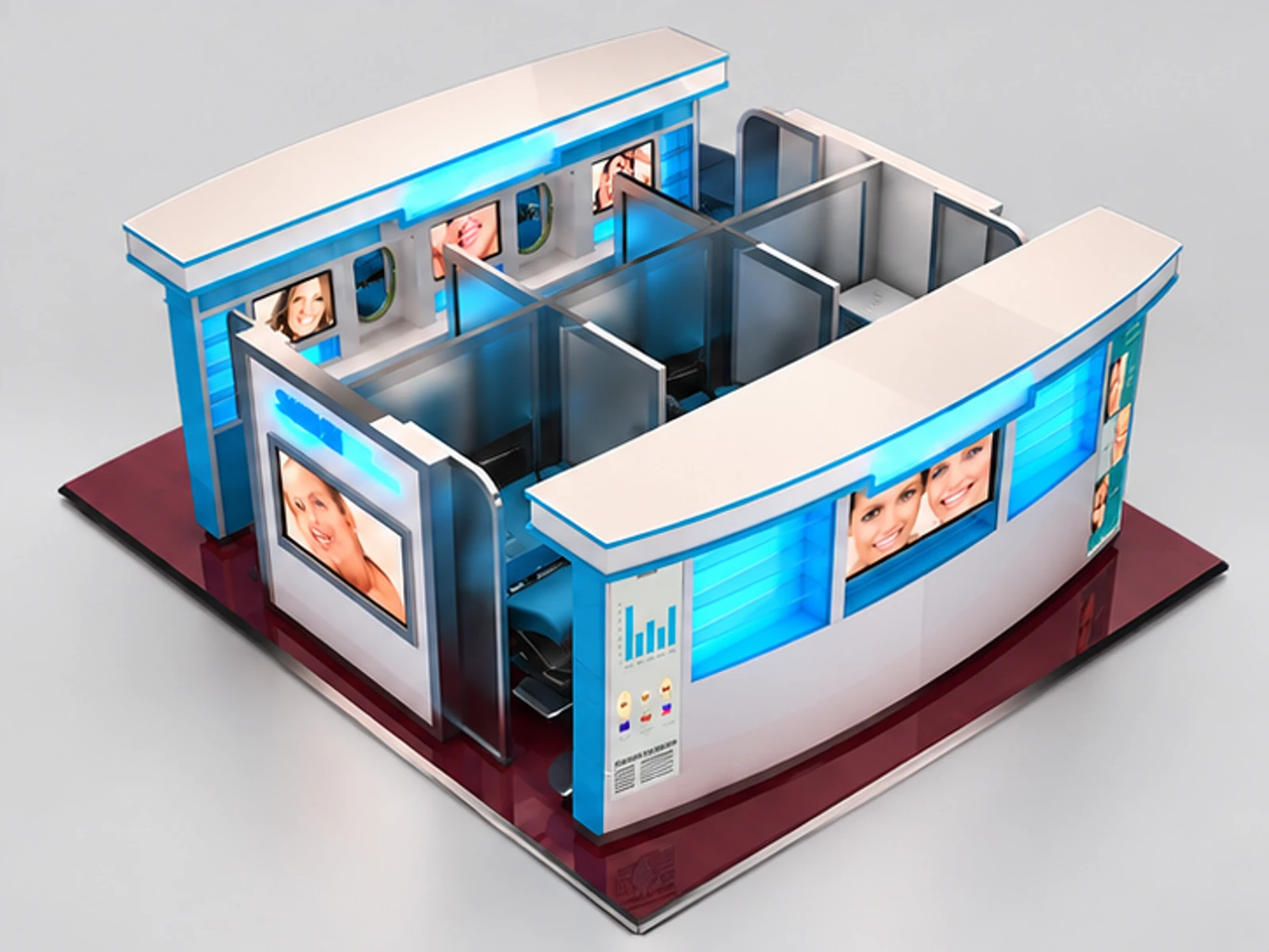 Dental care kiosk | Teeth whitening display booth staff-side equipment and storage view