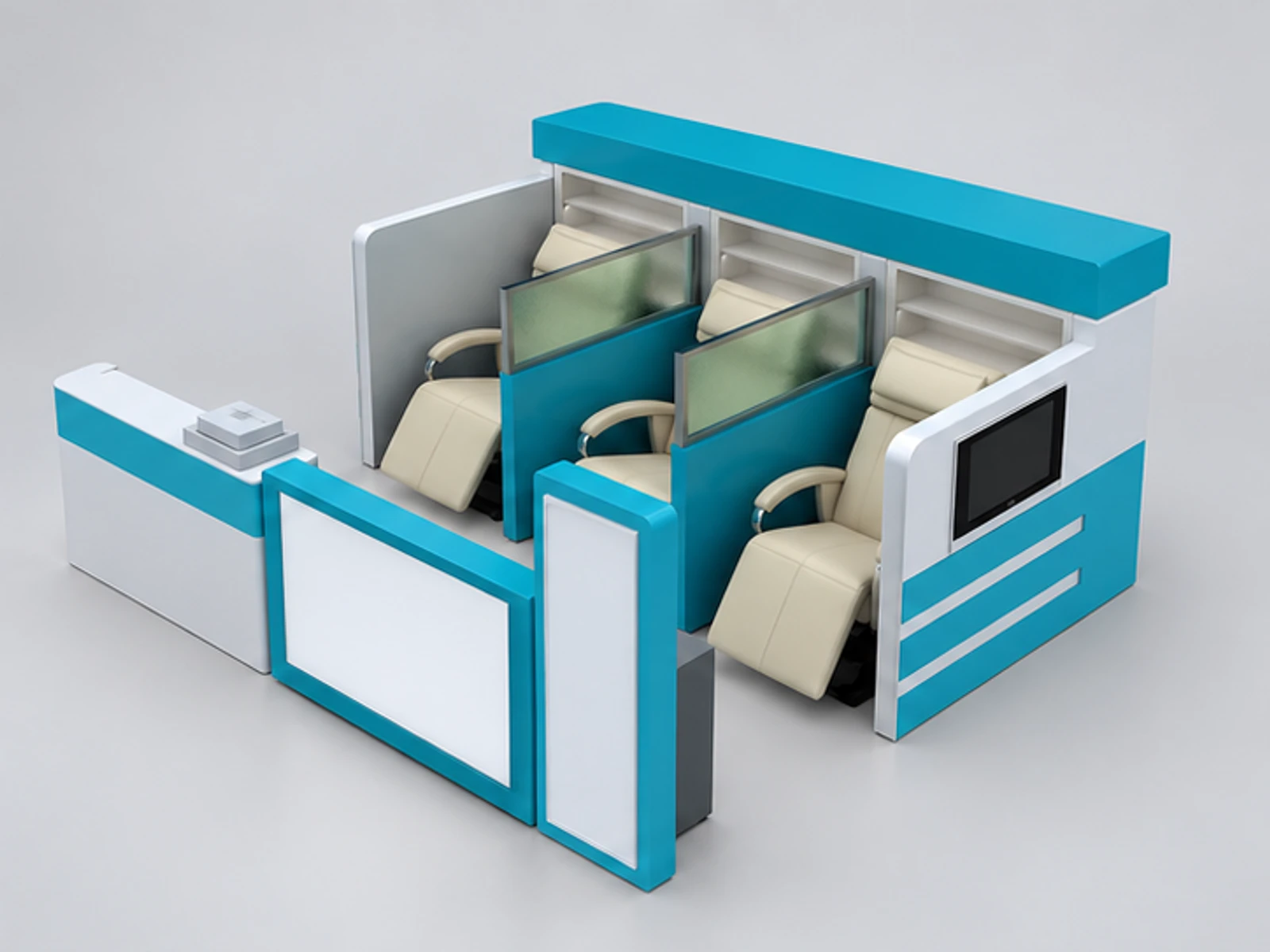 Dental care service kiosk | mall teeth whitening display booth for sale opposite angle and overall footprint