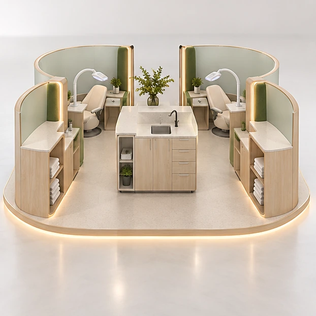 Four-Station Teeth Whitening Kiosk with Central Reception operator-side equipment, access, and storage view