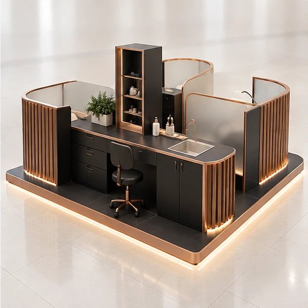 Franchise Teeth Whitening Kiosk with Standardized Privacy Modules operator-side equipment, access, and storage view