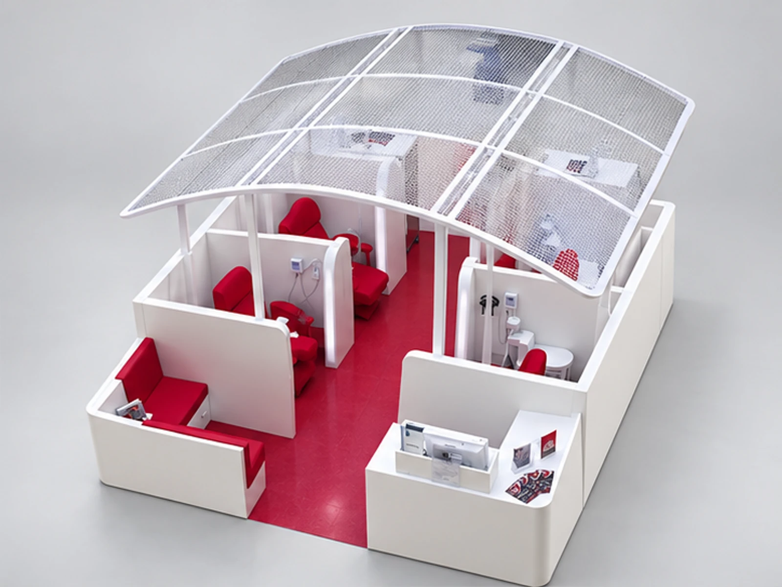 Functional smile lounge teeth whitening kiosk dental care booth used in mall opposite angle and overall footprint