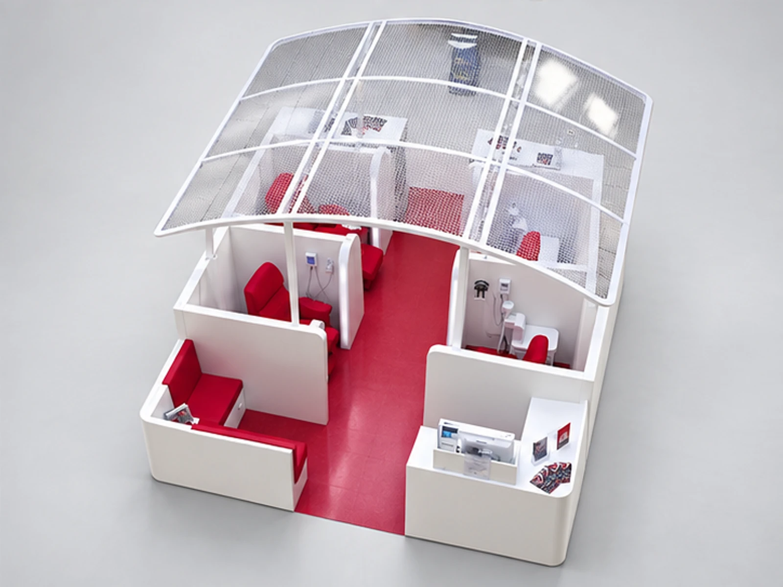 Functional smile lounge teeth whitening kiosk dental care booth used in mall staff-side equipment and storage view