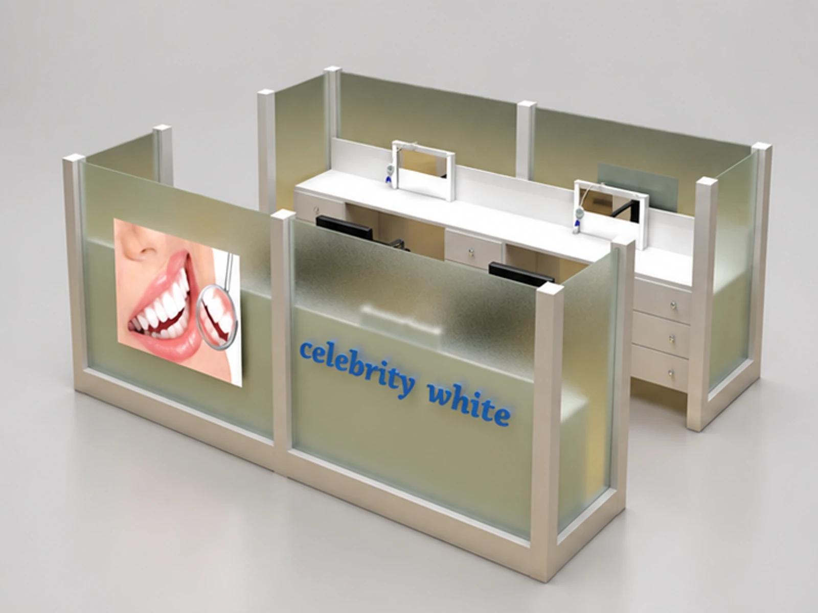 Mall dental care kiosk | teeth whitening display booth main three-quarter view