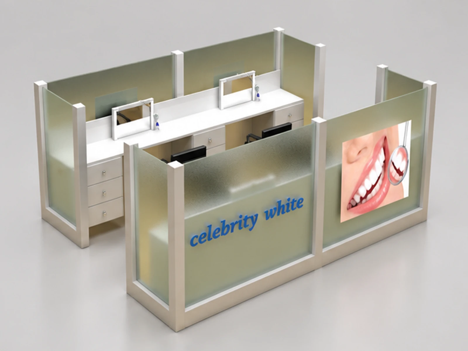 Mall dental care kiosk | teeth whitening display booth opposite angle and overall footprint
