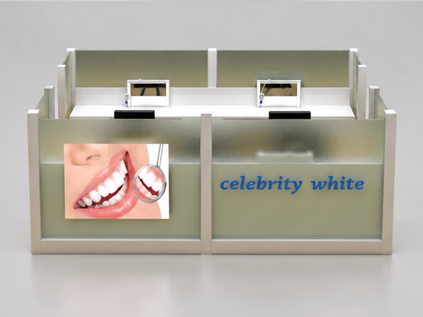 Mall dental care kiosk | teeth whitening display booth customer-facing service and display view