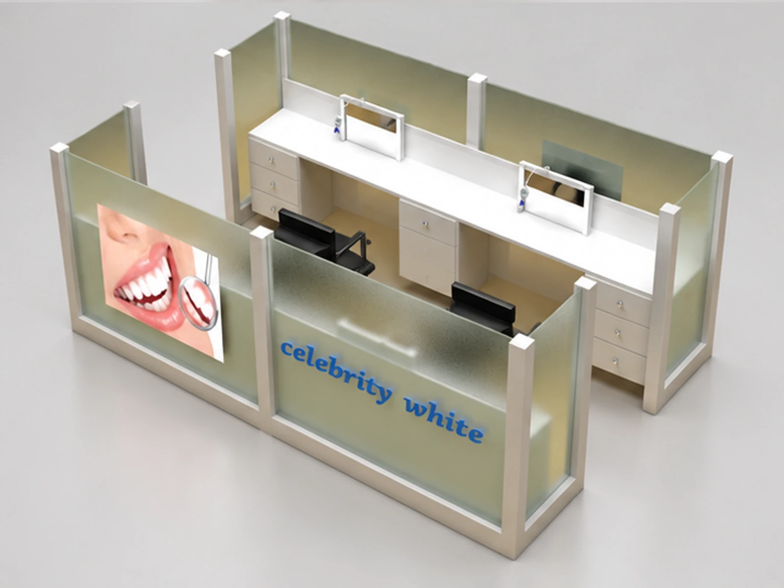 Mall dental care kiosk | teeth whitening display booth staff-side equipment and storage view