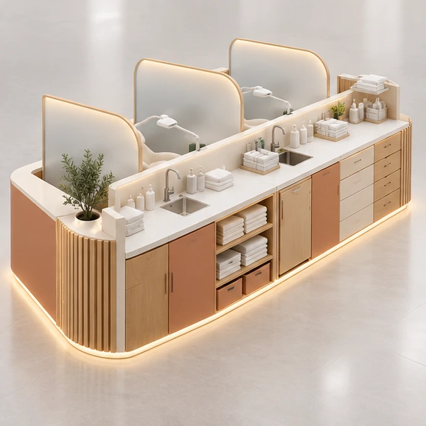 Mall Teeth Whitening Kiosk with Three Semi-Private Stations operator-side equipment, access, and storage view