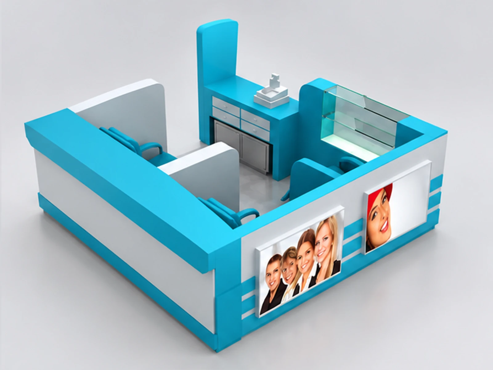 Mall teeth whitening stand | dental health kiosk for sale opposite angle and overall footprint