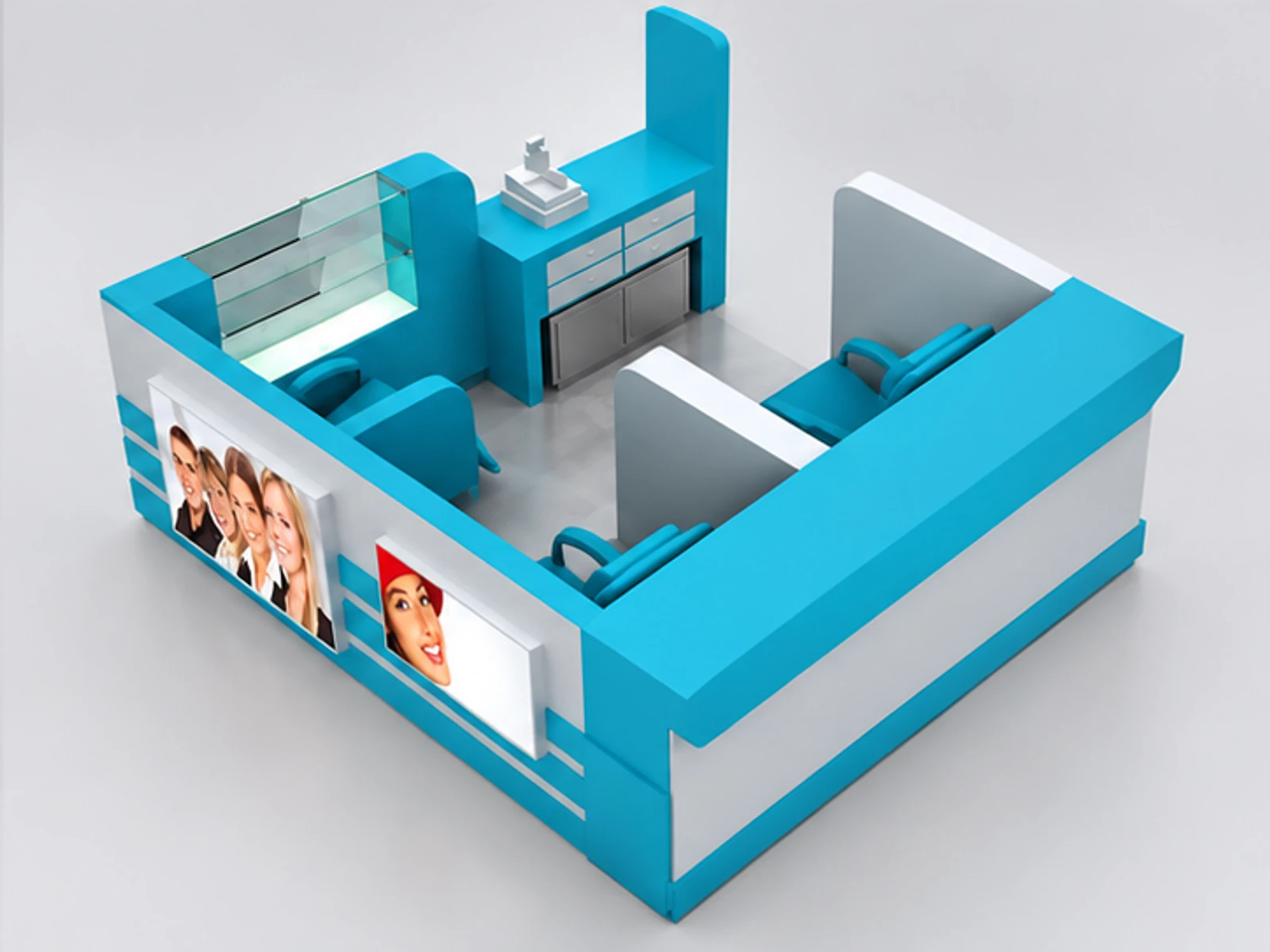 Mall teeth whitening stand | dental health kiosk for sale staff-side equipment and storage view