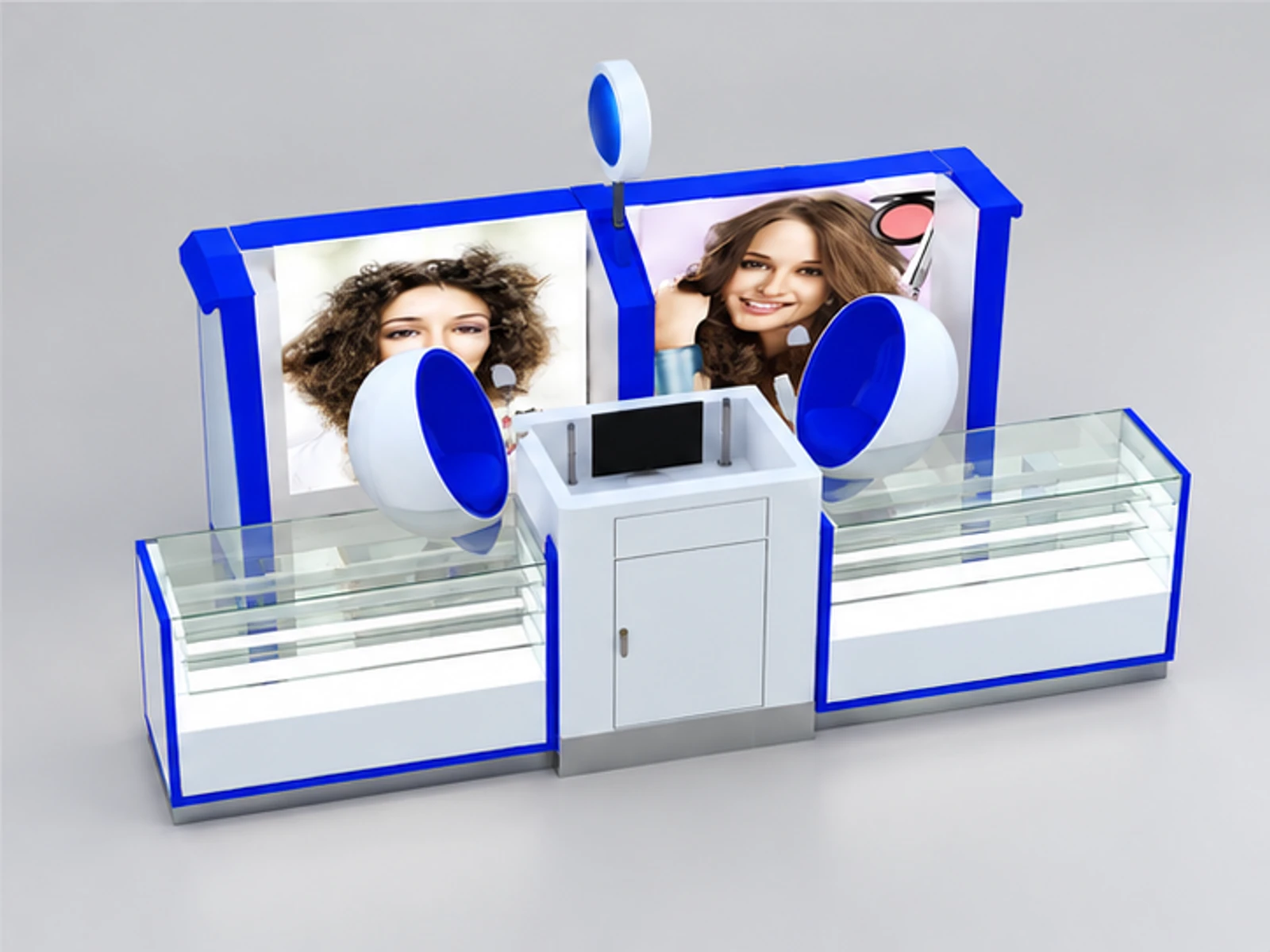 Modern design for mall teeth whitening display kiosk staff-side equipment and storage view