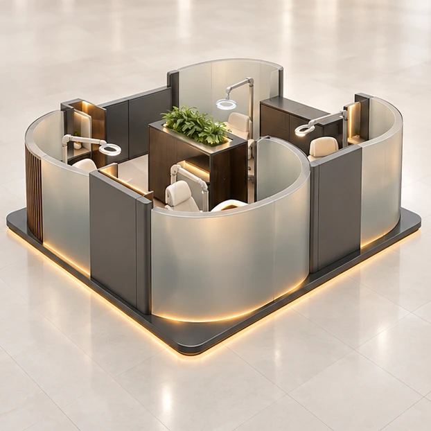 Modular Teeth Whitening Kiosk with Changeable Treatment Bays opposite angle showing its complete footprint and display layout