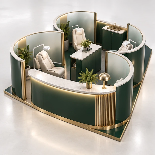 Premium Teeth Whitening Kiosk with Curved Welcome Counter main three-quarter product rendering