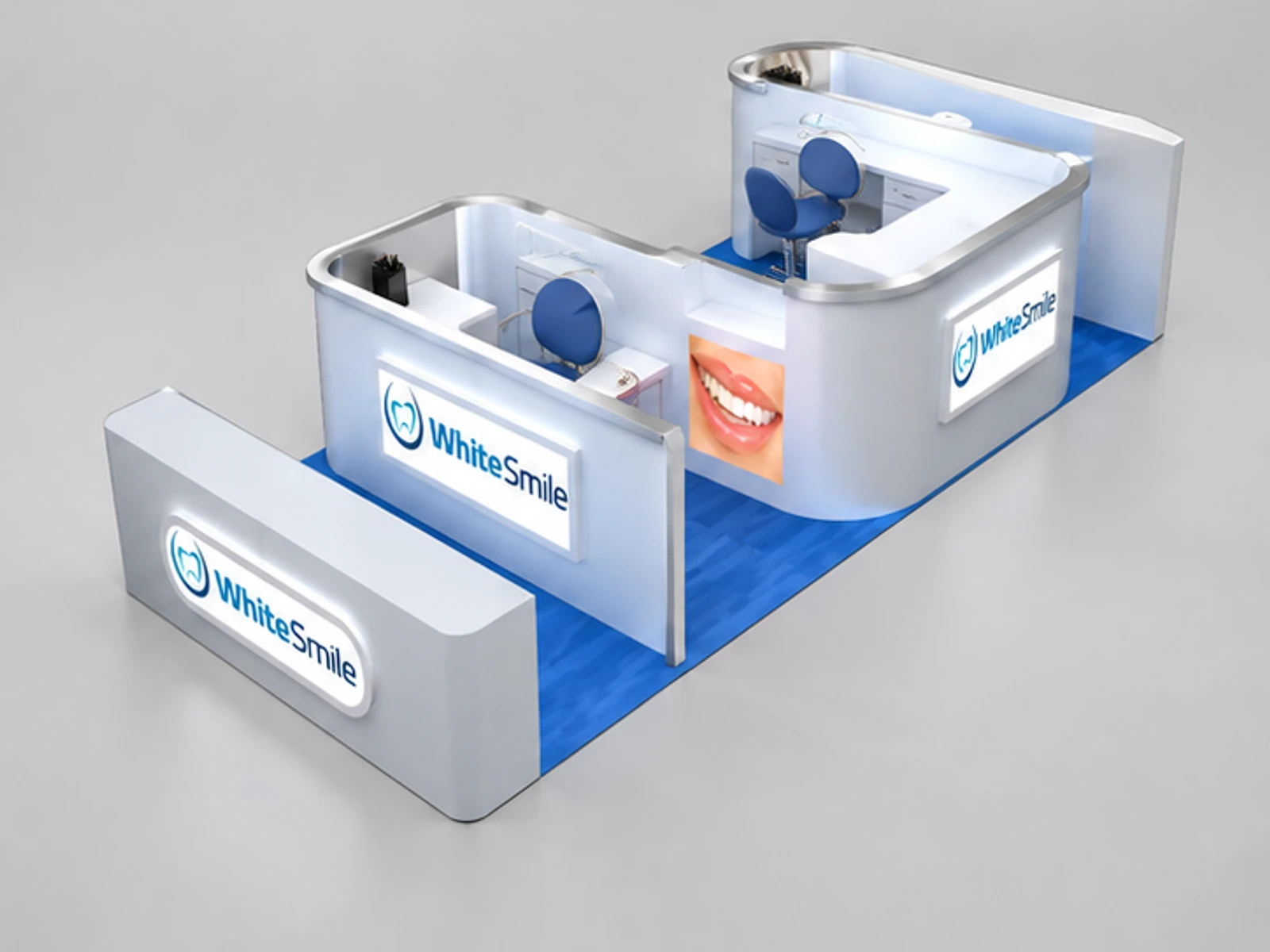 Special shape for mall teeth whitening kiosk | free design mall stand staff-side equipment and storage view