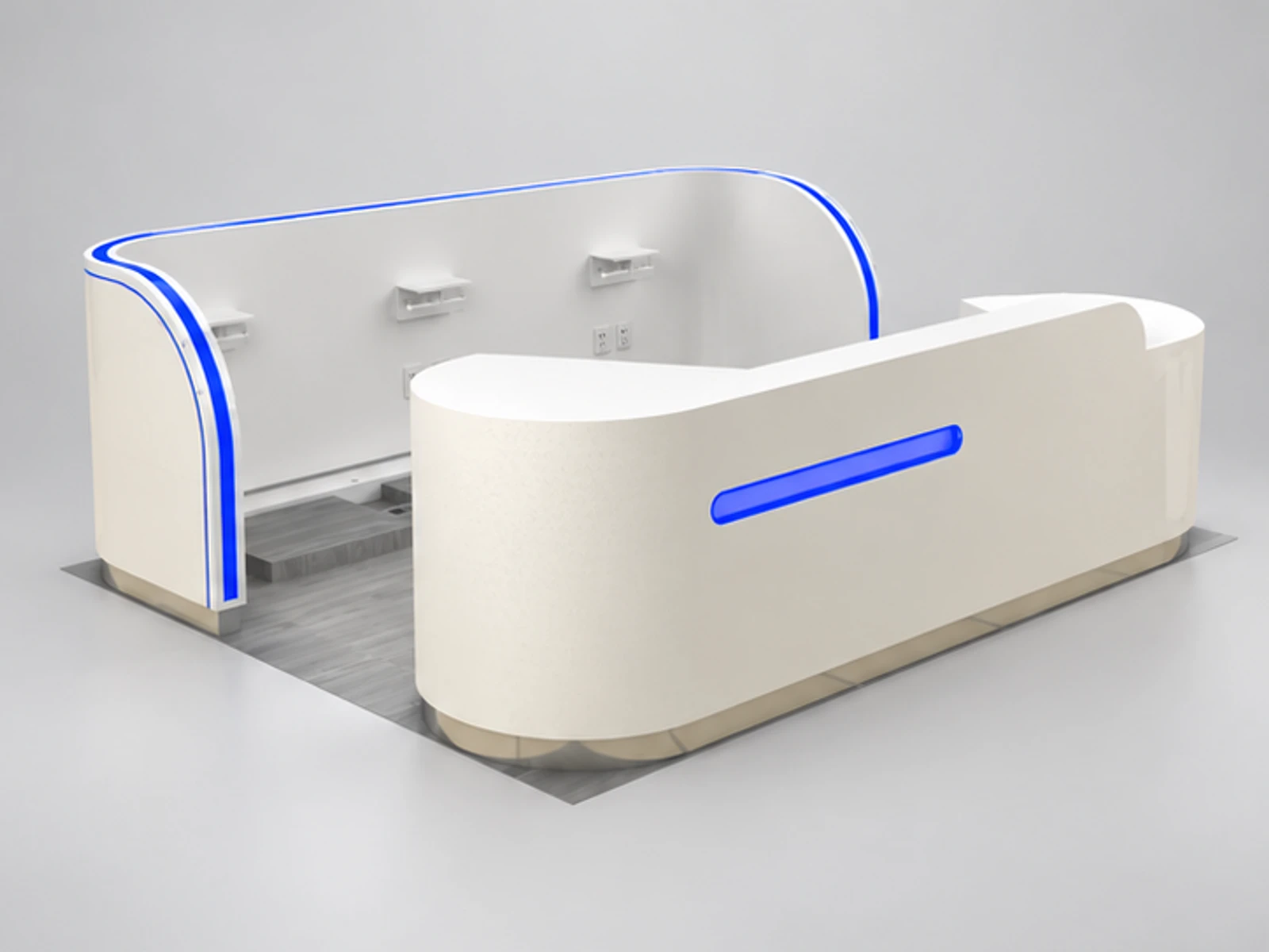 Teeth whitening display kiosk | dental care booth in the mall main three-quarter view