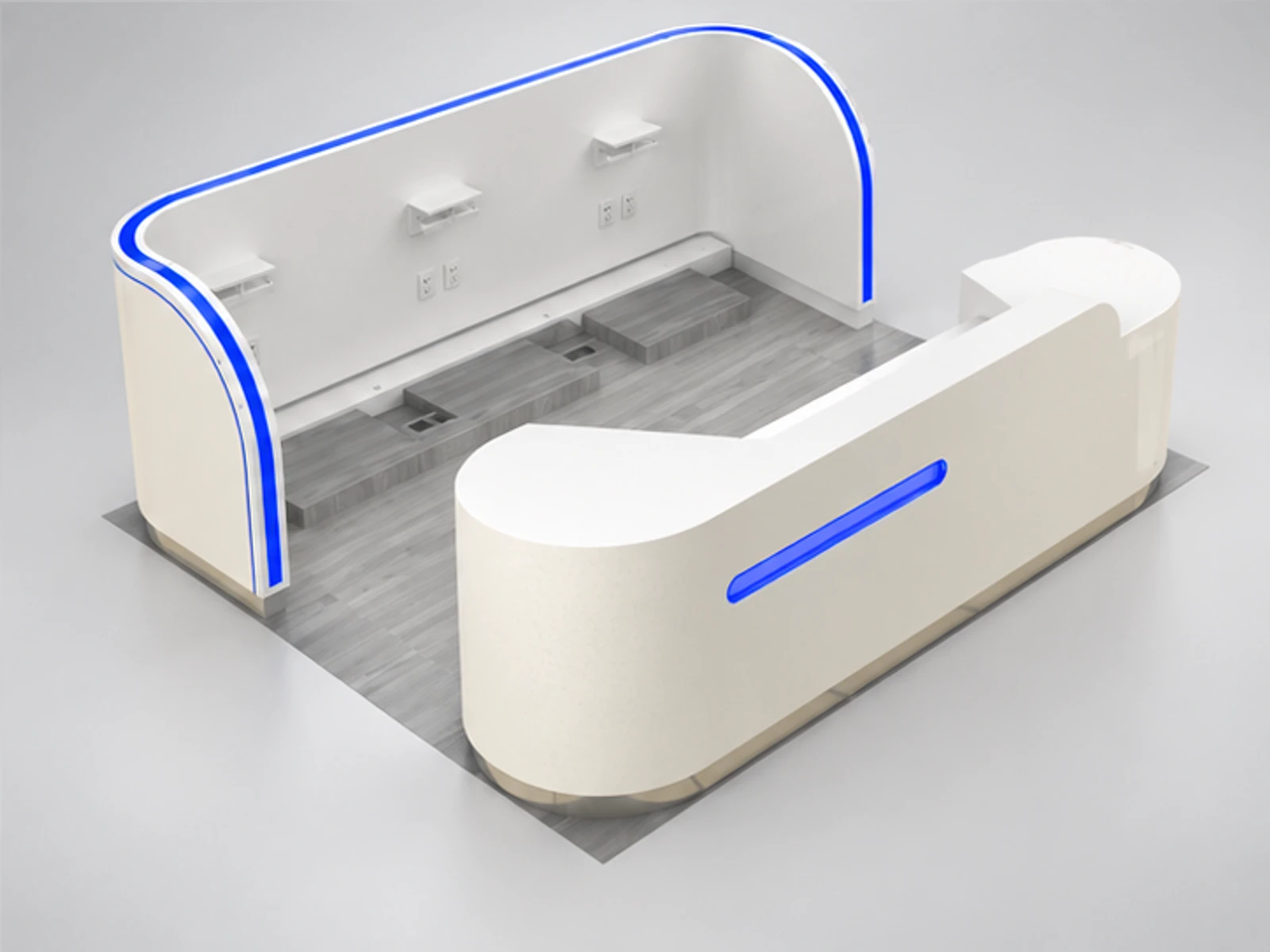 Teeth whitening display kiosk | dental care booth in the mall staff-side equipment and storage view