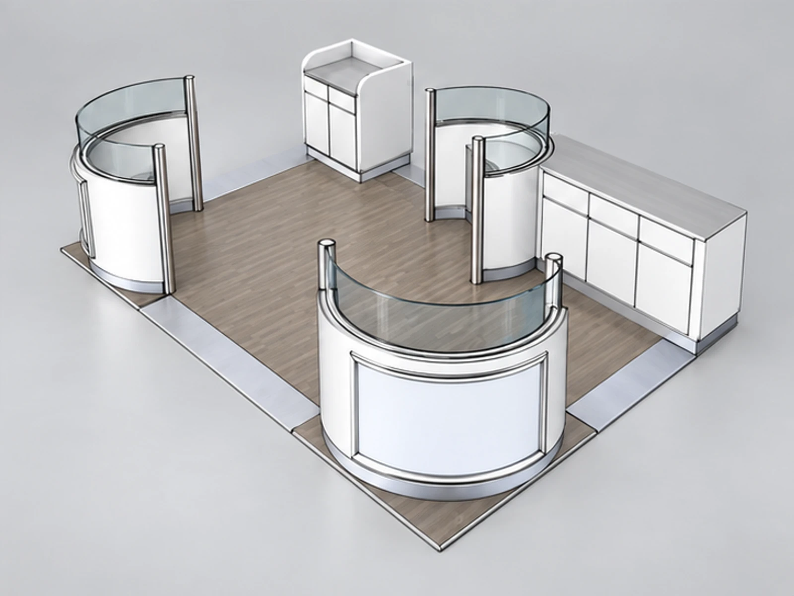 The USA teeth whitening kiosk | shopping mall teeth care stand staff-side equipment and storage view
