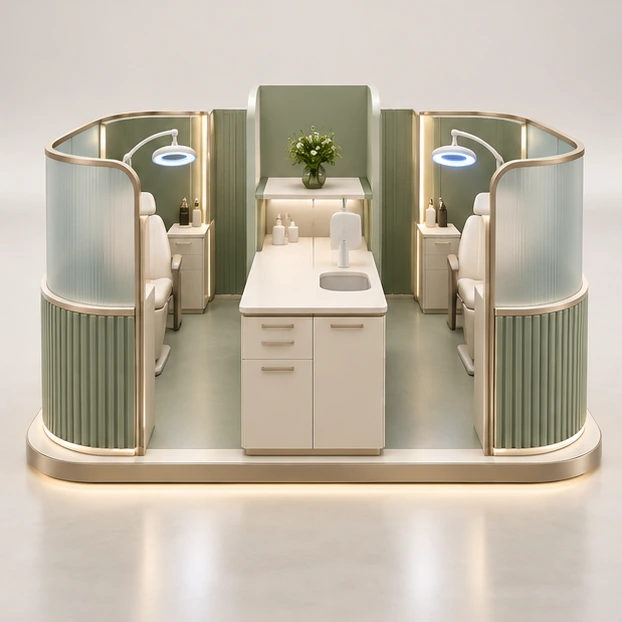 Two-Bay Teeth Whitening Kiosk with Frosted Privacy Panels operator-side equipment, access, and storage view