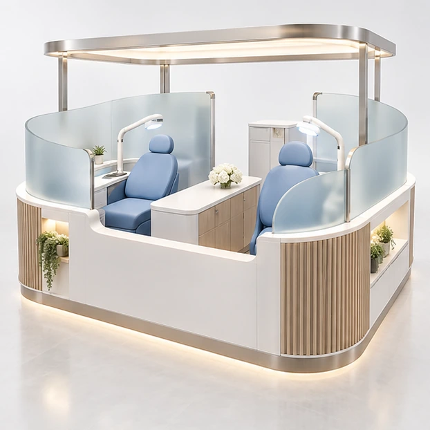 White-and-Wood Teeth Whitening Kiosk with Concealed Storage main three-quarter product rendering